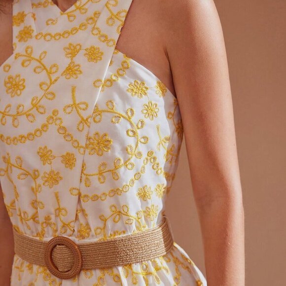 YELLOW WOMEN'S SCALLOP RUFFLE HEM HALTER NECK EMBROIDERY SCHIFFY DRESS - Picture 2 of 8